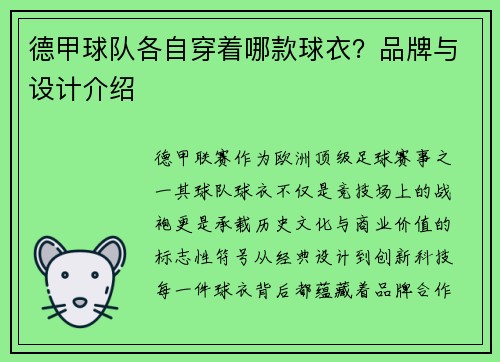 德甲球队各自穿着哪款球衣？品牌与设计介绍